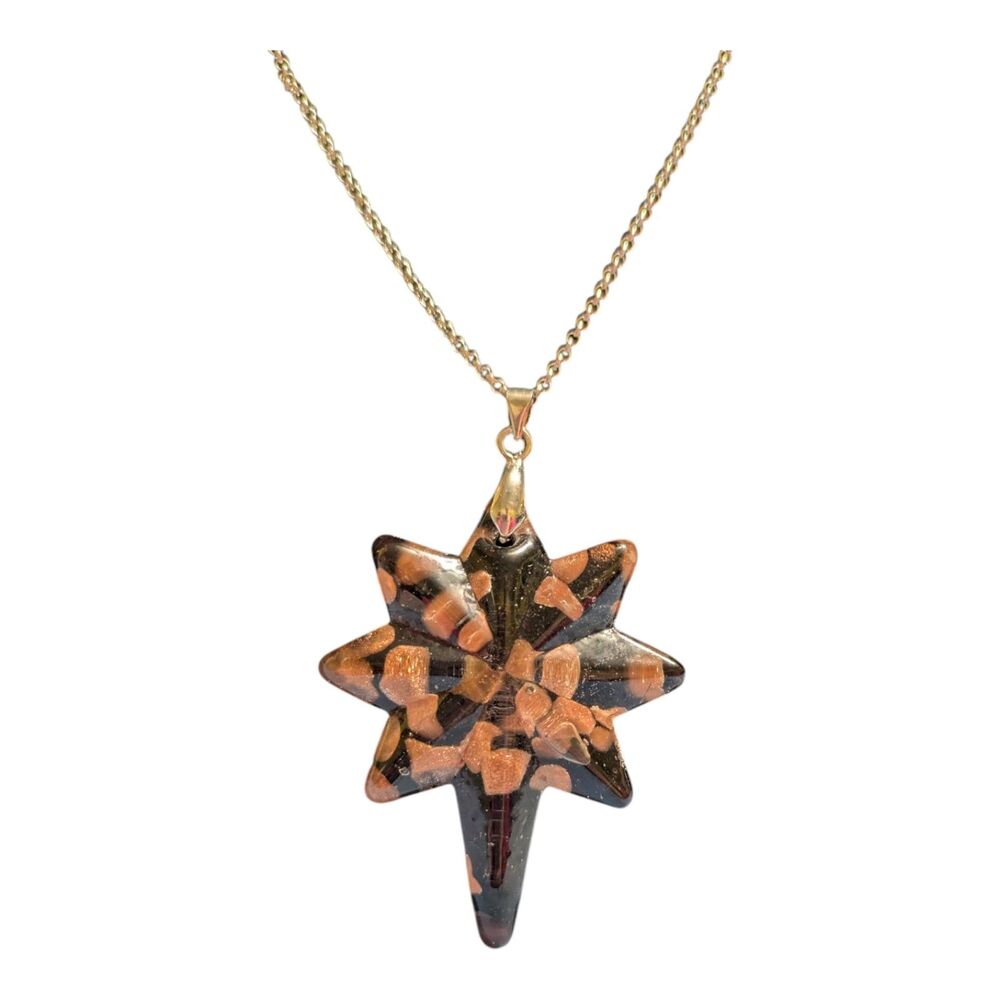 Starburst Pendant Necklace Gold Tone Speckled Resin Charm